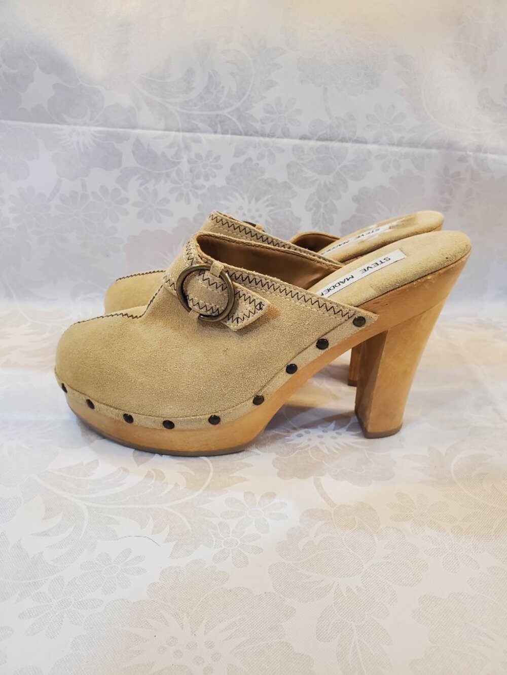 Vintage 90s Steve Madden Faris Suede Wooden Platform Clogs Size 8B
